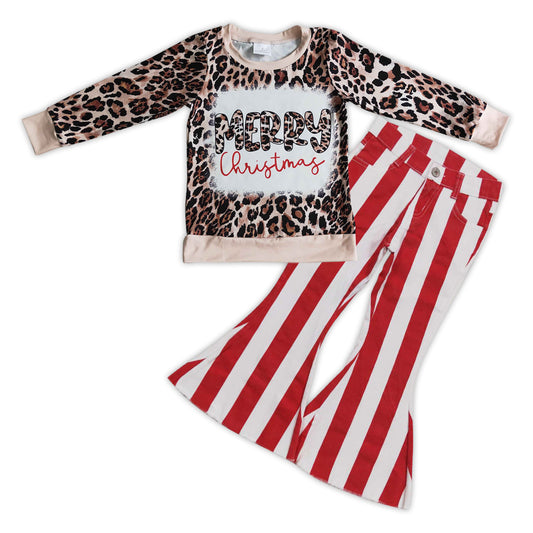 GLP0788 Merry Christmas leopard print top red white stripes denim bell bottom jeans girls clothes set