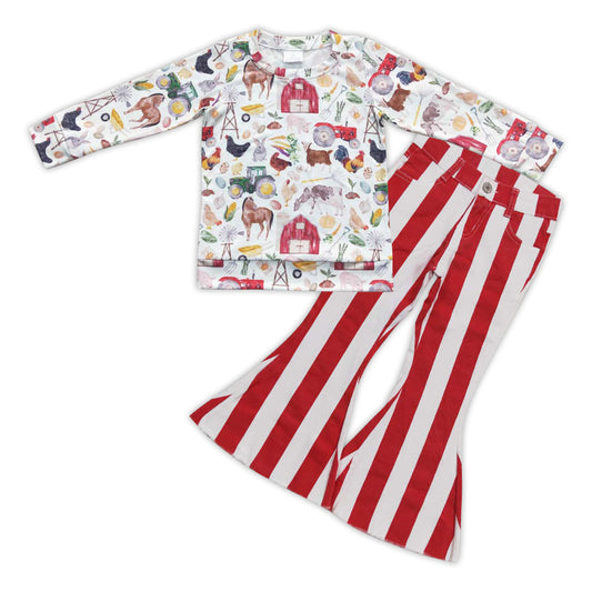 GLP0789 Farm design animals print top red white stripes denim bell bottom jeans girls clothes set