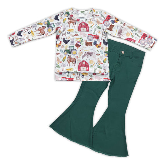 GLP0790 Farm design animals print top green denim bell bottom jeans girls clothes set