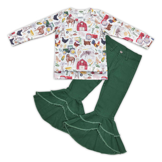 GLP0791 Farm design animals print top green denim double ruffles bell bottom jeans girls clothes set