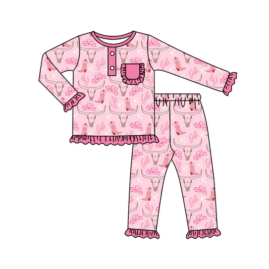 (Pre-order)GLP0794 Pink Cow Skull Boots Print Girls Pajamas Western Clothes Set