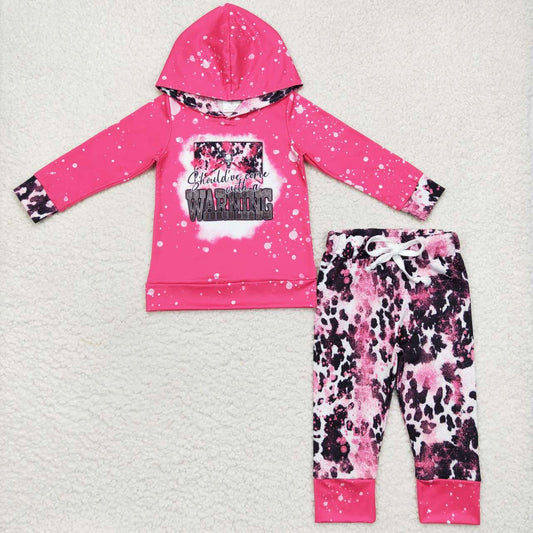 GLP0797 Warning cow skull pink print hoodie top girls western clothes set