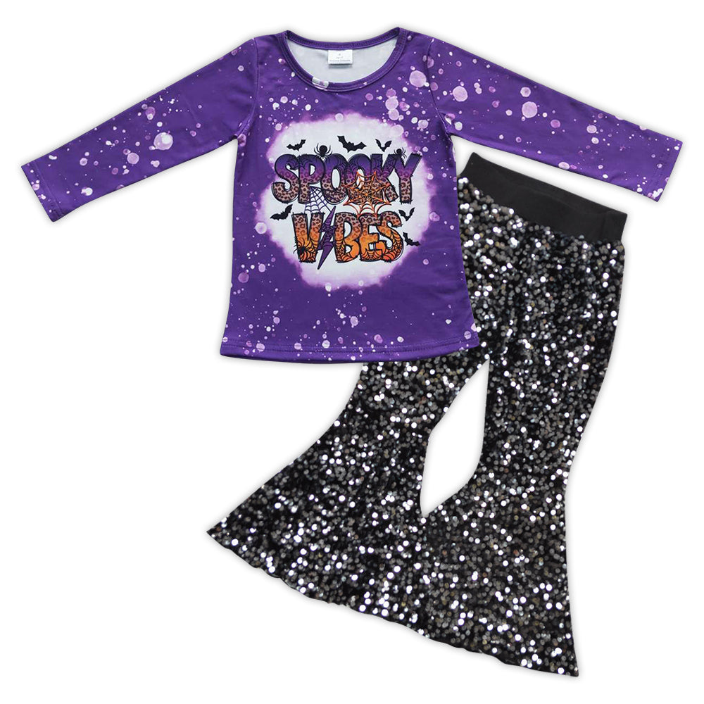 GLP0800 Purple Spooky Vibes black sequined bell bottom pants girls Halloween clothes set