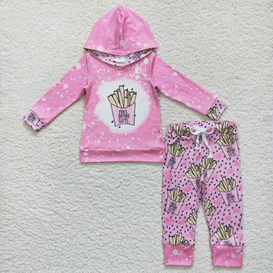 GLP0805 Pink FRIES Print Girls Hoodie Top Clothes Set