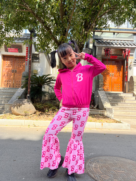 GLP0806 Pink BA Print Bell Pants Hoodie Jacket Top Girls Clothes Set