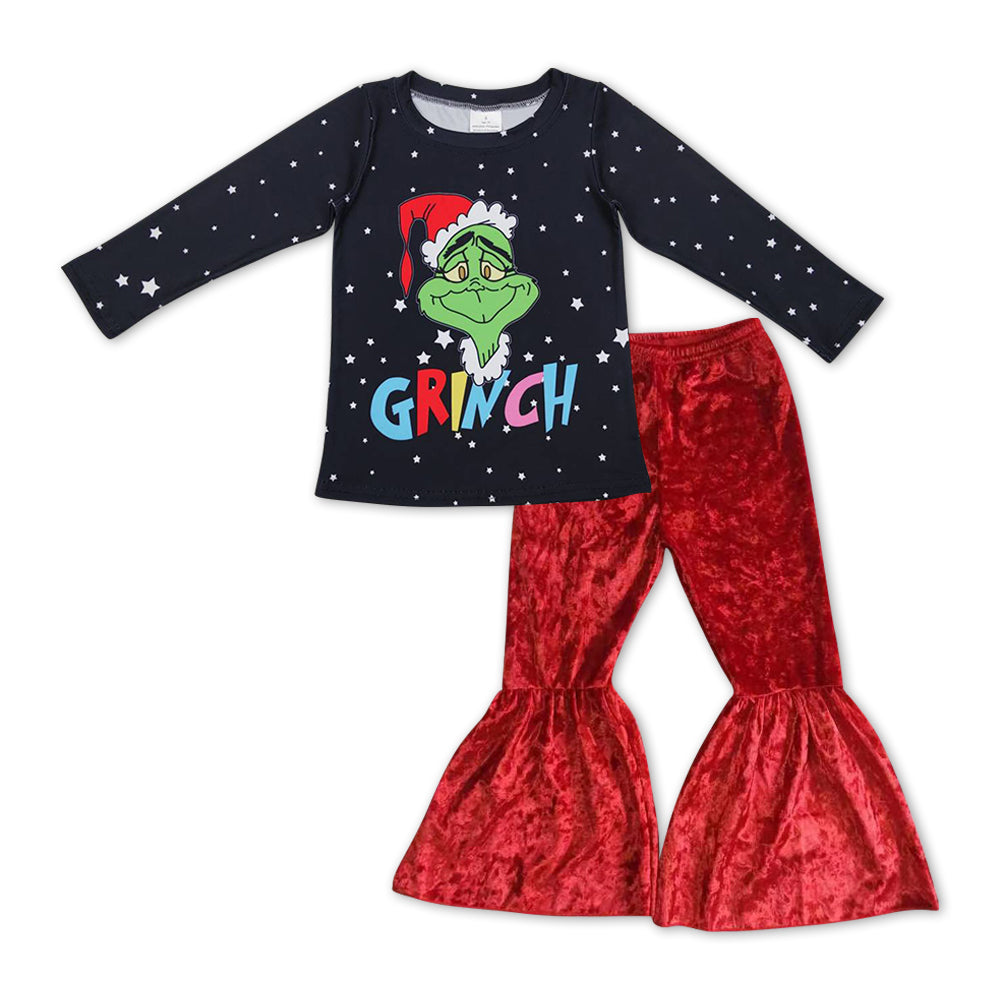GLP0808 Christmas Frog Black Top Red Velvet Bell Pants Girls Clothes Set