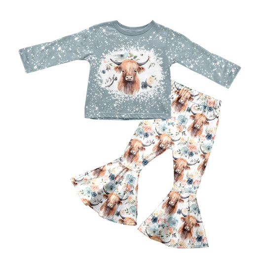 (Pre-order)GLP0812 Grey highland cow flowers bell pants girls western clothes set