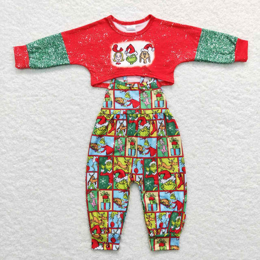 GLP0814 Christmas Green Frog Red Print Girls Jumpsuit Clothes Set