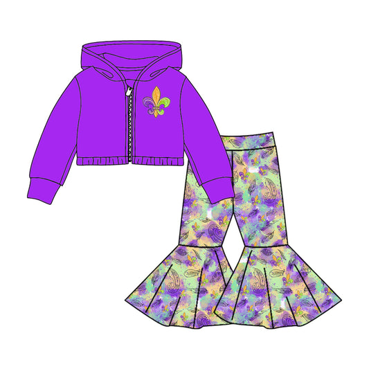 (Pre-order)GLP0820 Purple print bell pants hoodie jacket top girls Mardi Gras clothes set