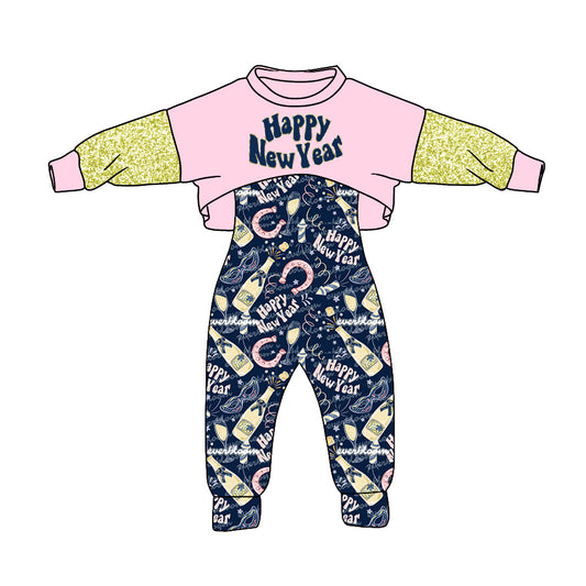 (Pre-order)GLP0825 Happy New Year pink print girls jumpsuit clothes set