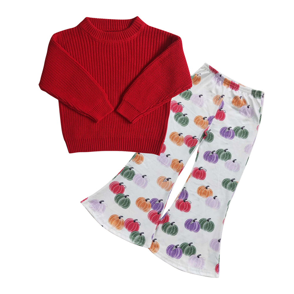 GLP0826 Red sweater top white colorful pumpkin bell pants girls fall clothes set