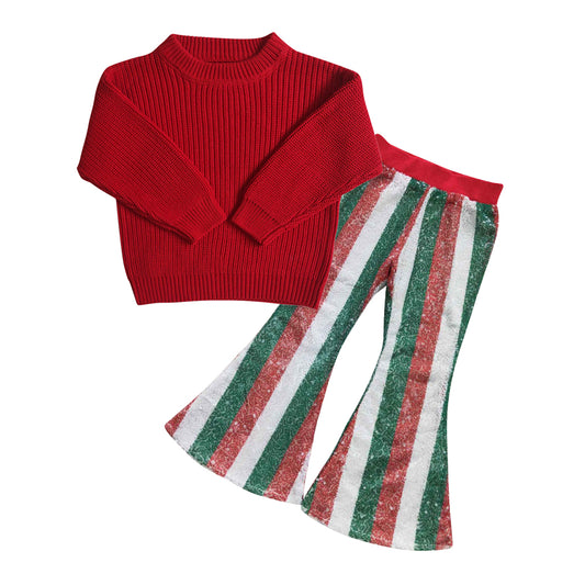 GLP0827 Red sweater top stripes sequin bell pants girls Christmas clothes set