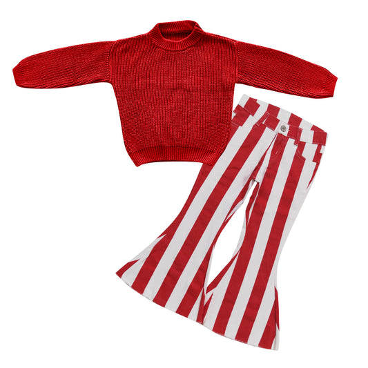 GLP0828 Red sweater top stripes denim bell jeans girls Christmas clothes set