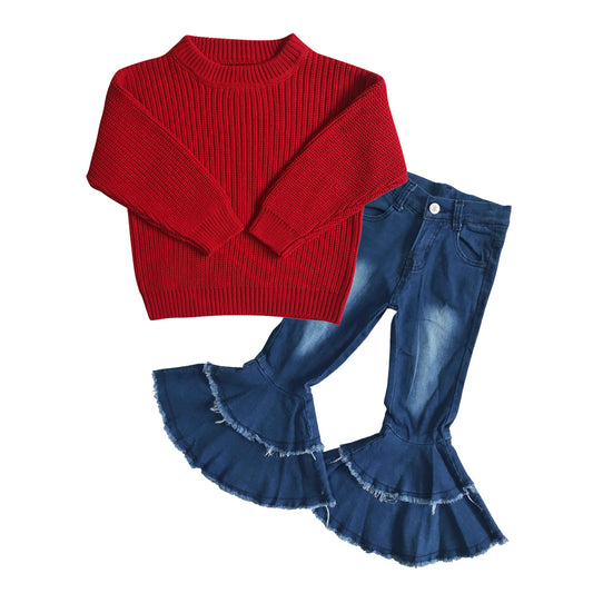 GLP0829 Red sweater top blue denim bell jeans girls fall clothes set