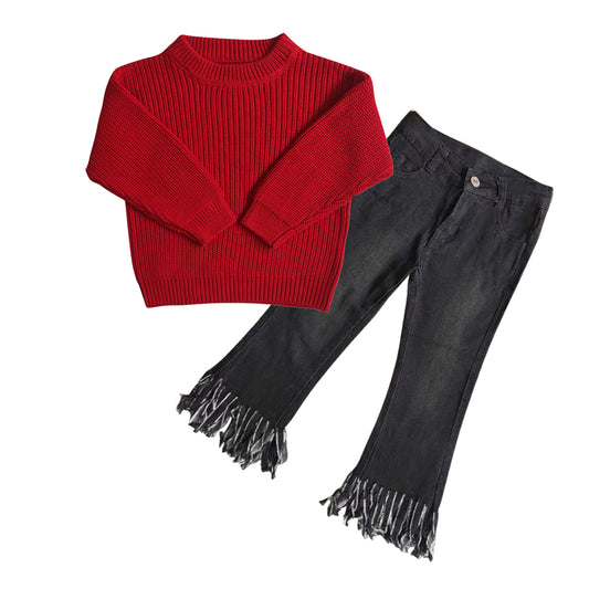 GLP0830 Red sweater top black denim fringed jeans girls fall clothes set