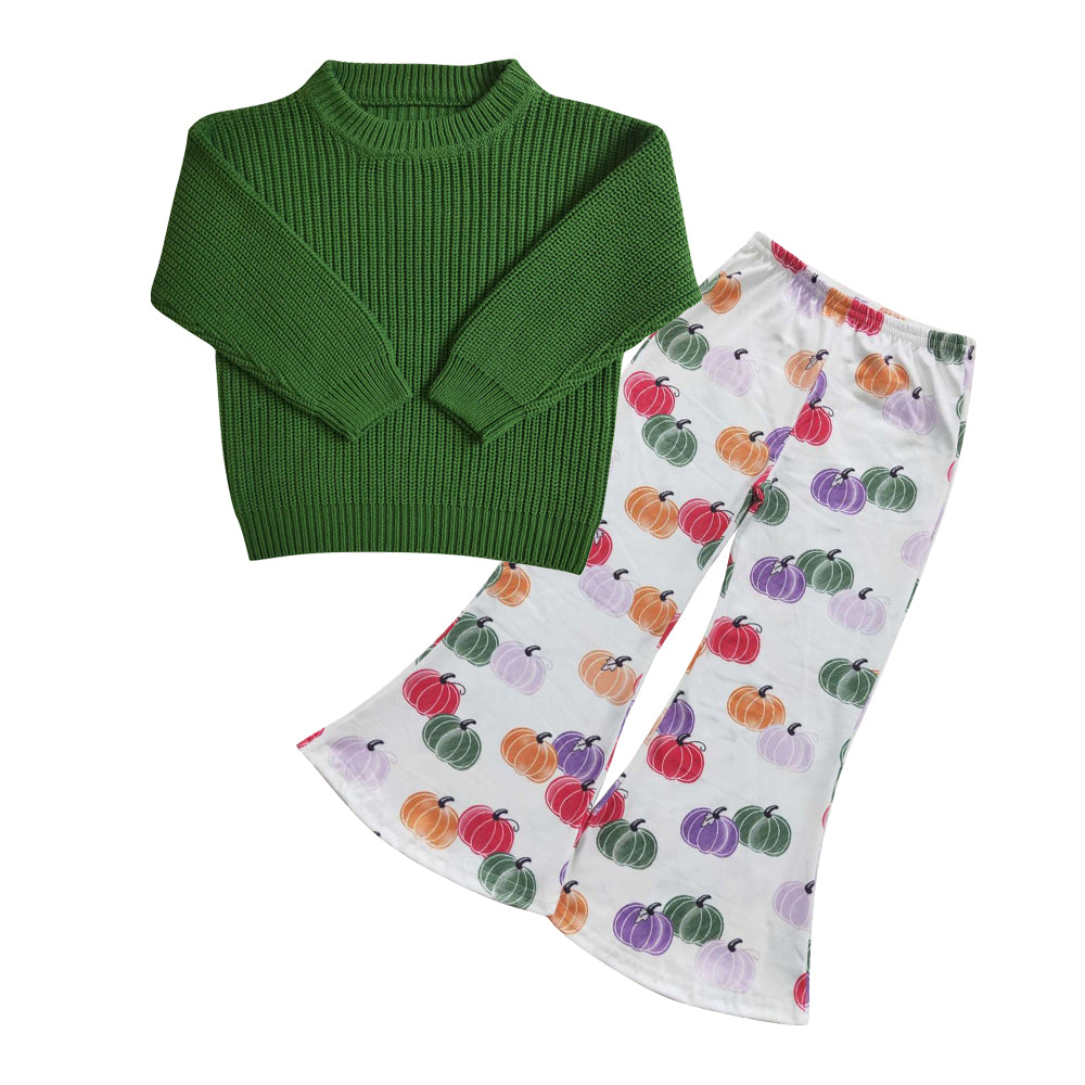 GLP0831 Green sweater top white colorful pumpkin bell pants girls fall clothes set