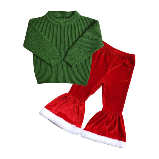 GLP0832 Green sweater top red color white ruffle bell velvet pants Christmas clothes set