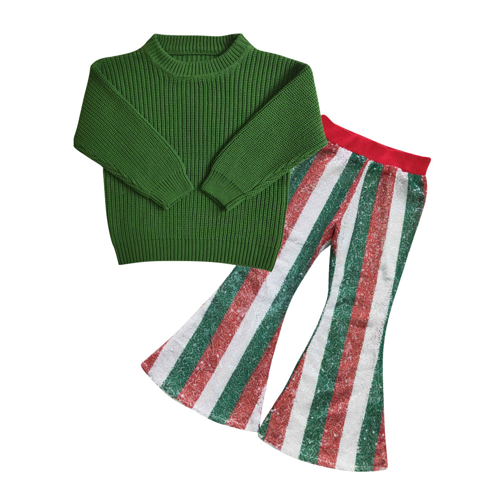 GLP0833 Green sweater top stripes sequin bell pants girls Christmas clothes set