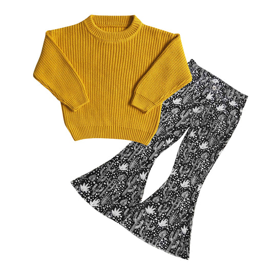 GLP0836 Mustard sweater top cactus denim bell jeans girls clothes set