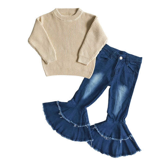 GLP0838 White sweater top blue denim bell jeans girls fall clothes set