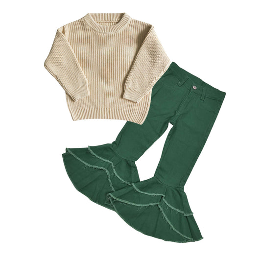 GLP0839 White sweater top green denim bell jeans girls fall clothes set