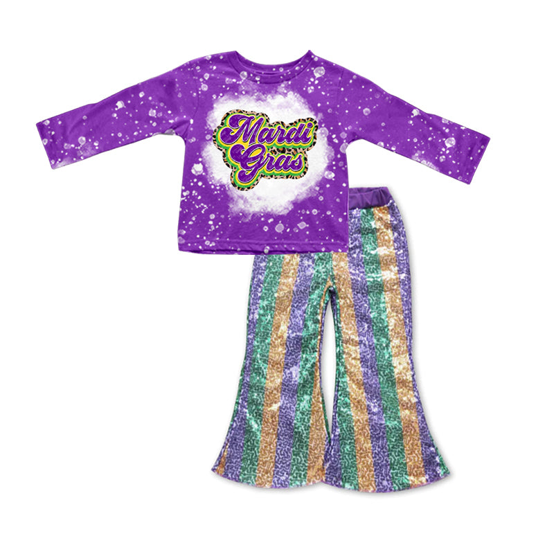 (Pre-order) GLP0843 Purple Mardi Gras Top Greenk Golden Stripes Sequin Bell Pants Girls Clothes Set