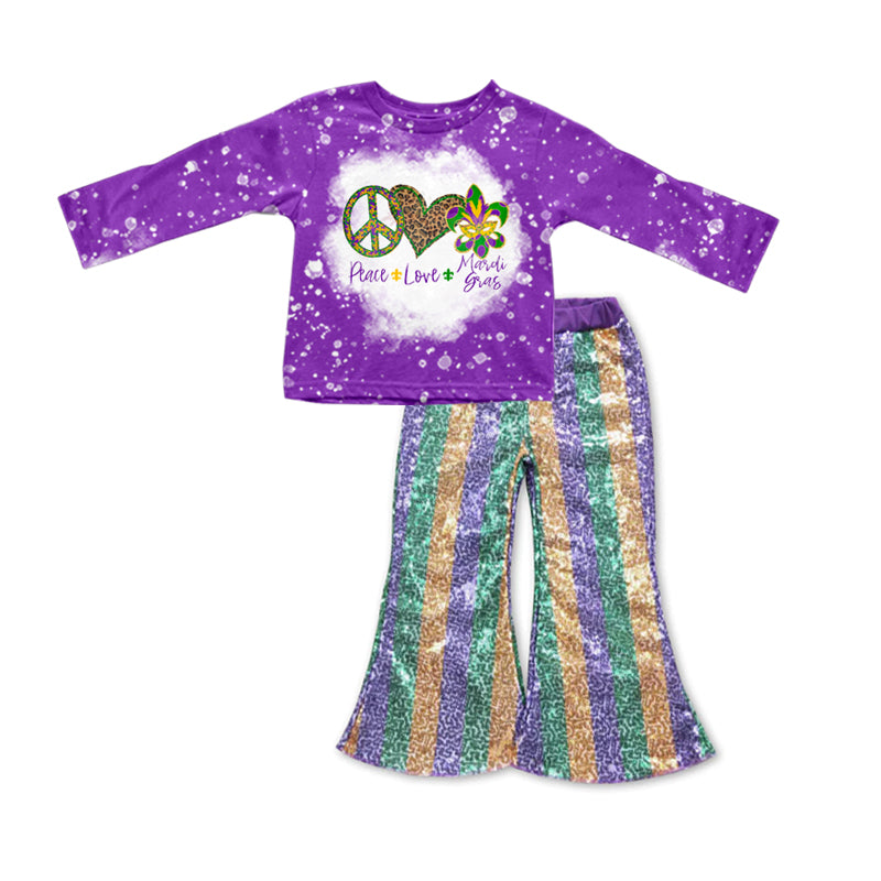 (Pre-order) GLP0844 Peace Love Mardi Gras Top Greenk Golden Stripes Sequin Bell Pants Girls Clothes Set