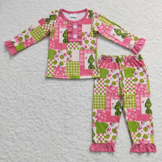 GLP0846 Christmas Frog Face Pink Heart Girls Pajamas Clothes Set