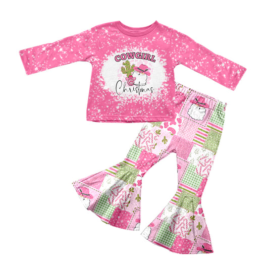 (Pre-order)GLP0849 Pink Cowgirl Christmas Bell Pants Girls Clothes Set