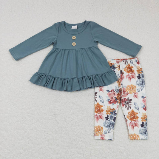 GLP0852 Cotton Tunic Top Flowers Legging Pants Girls Clothes Set