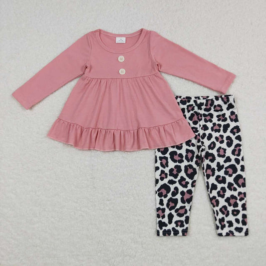 GLP0853 Pink Cotton Tunic Top Leopard Legging Pants Girls Clothes Set