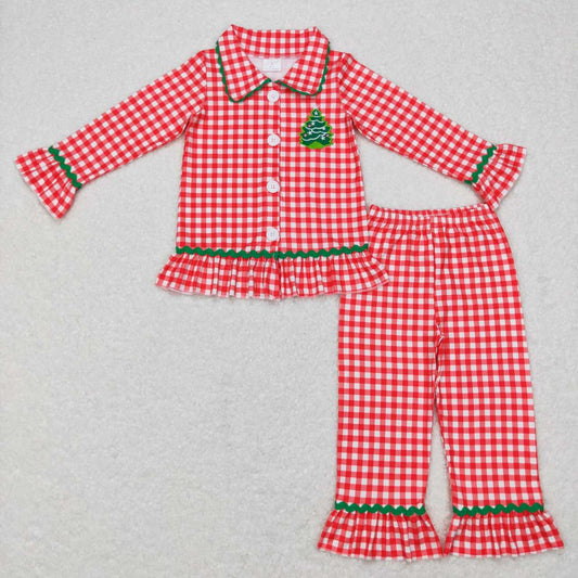 GLP0854 Red Plaid Christmas Tress Embroidery Print Girls Buttons Pajamas Clothes Set