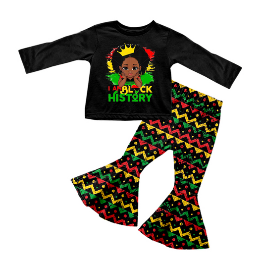 (Pre-order)GLP0855 Black history print girls bell pants clothes set