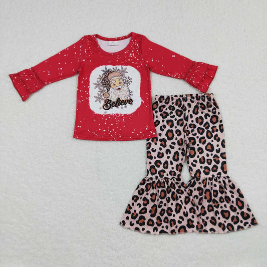 GLP0862 Santa Red Top Leopard Bell Pants Girls Christmas Clothes Set