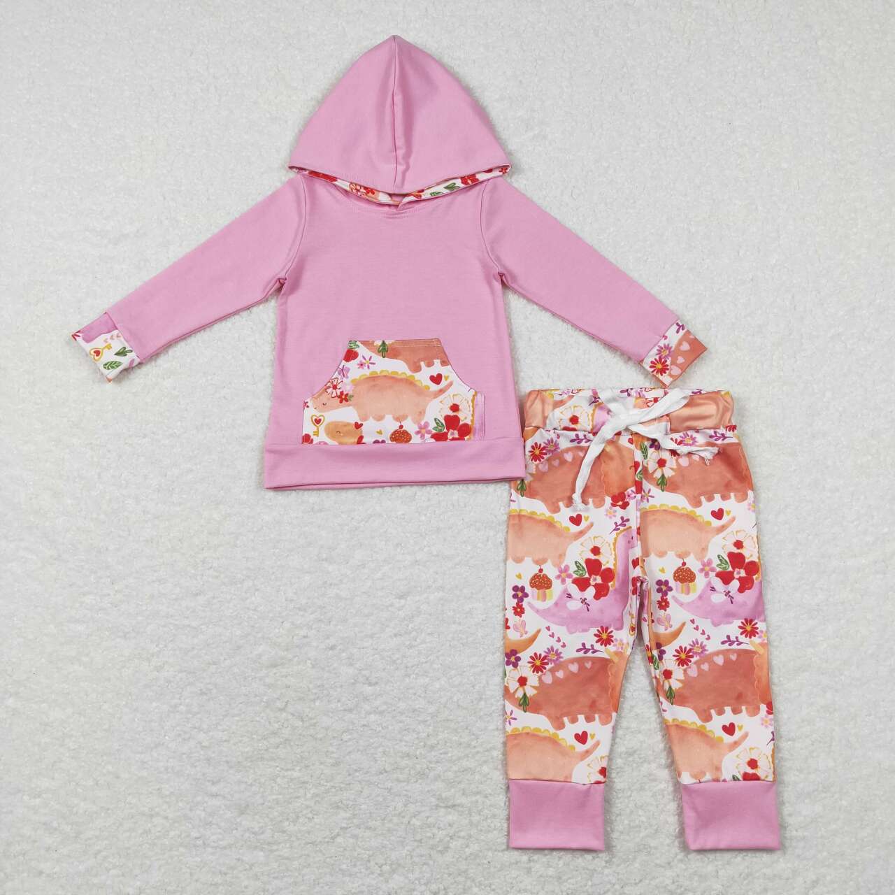 GLP0865 Pink Flowers Dinosaur Print Girls Hoodie Top Valentine's Clothes Set