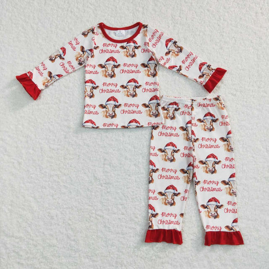 GLP0866 Merry Christmas Cow Print Girls Pajamas Clothes Set