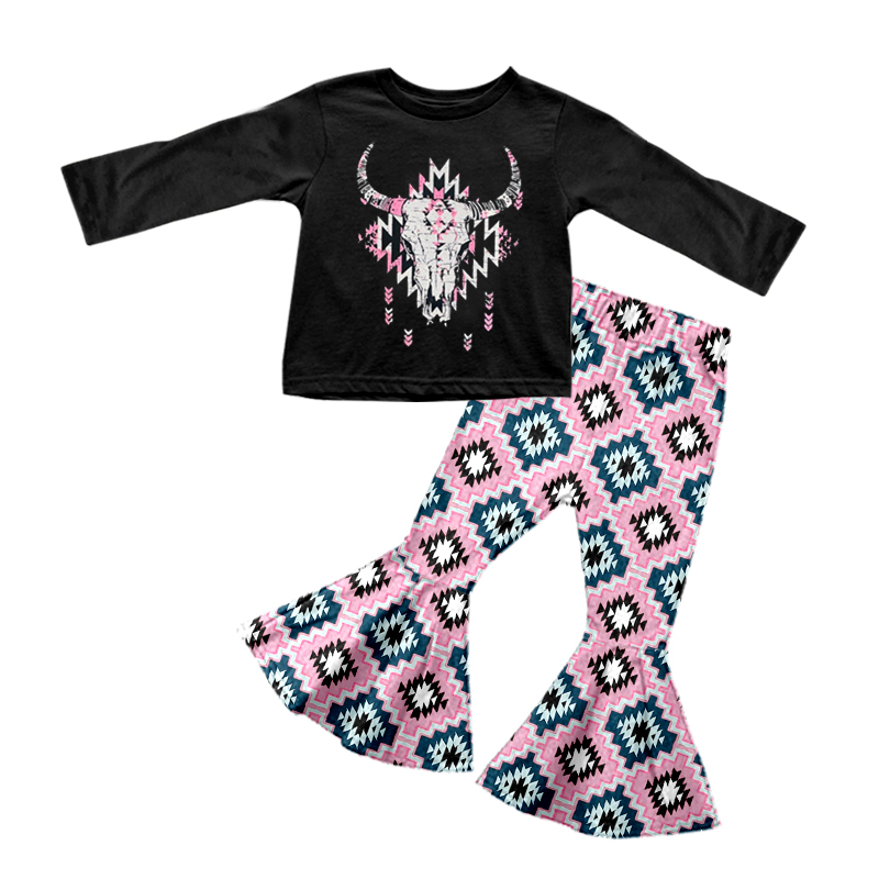 (Pre-order)GLP0872 Pink Cow Skull Aztec Print Bell Pants Girls Clothes Set