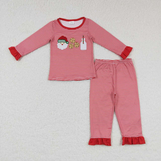 GLP0873 Red Stripes Santa Milk Cookie Embroidery Print Girls Christmas Pajamas Clothes Set