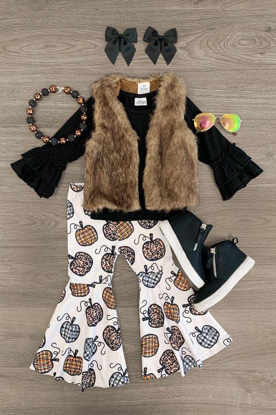 GLP0878 Girls brown faux fur vest and punpkin 3 pieces fall outfits