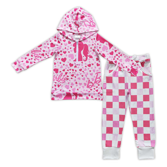 GSPO0909 Pink BA Print Hoodie Zipper Top Plaid Pants Girls Clothes Set