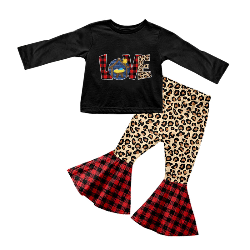 (Pre-order)GLP0884 Love Nativity Leopard Bell Pants Girls Clothes Set