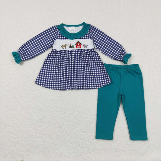 GLP0885 Farm Animals Embroidery Navy Plaid Tunic Top Green Pants Girls Clothes Set