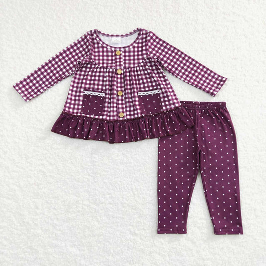 GLP0886 Wine Plaid Pockets Tunic Top Dots Legging Pants Girls Fall Clothes Set