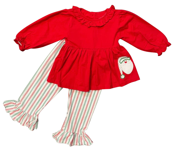 (Pre-order)GLP0887 Red Santa Tunic Top Stripes Pants Girls Christmas Clothes Set