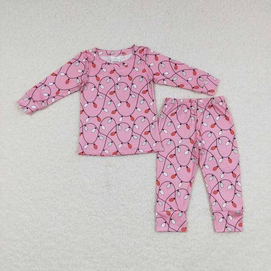GLP0888 Colorful Christmas Light Print Girls Pink Pajamas Clothes Set