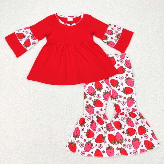 GLP0889 Red Tunic Top Strawberry Flowers Bell Pants Girls Clothes Set