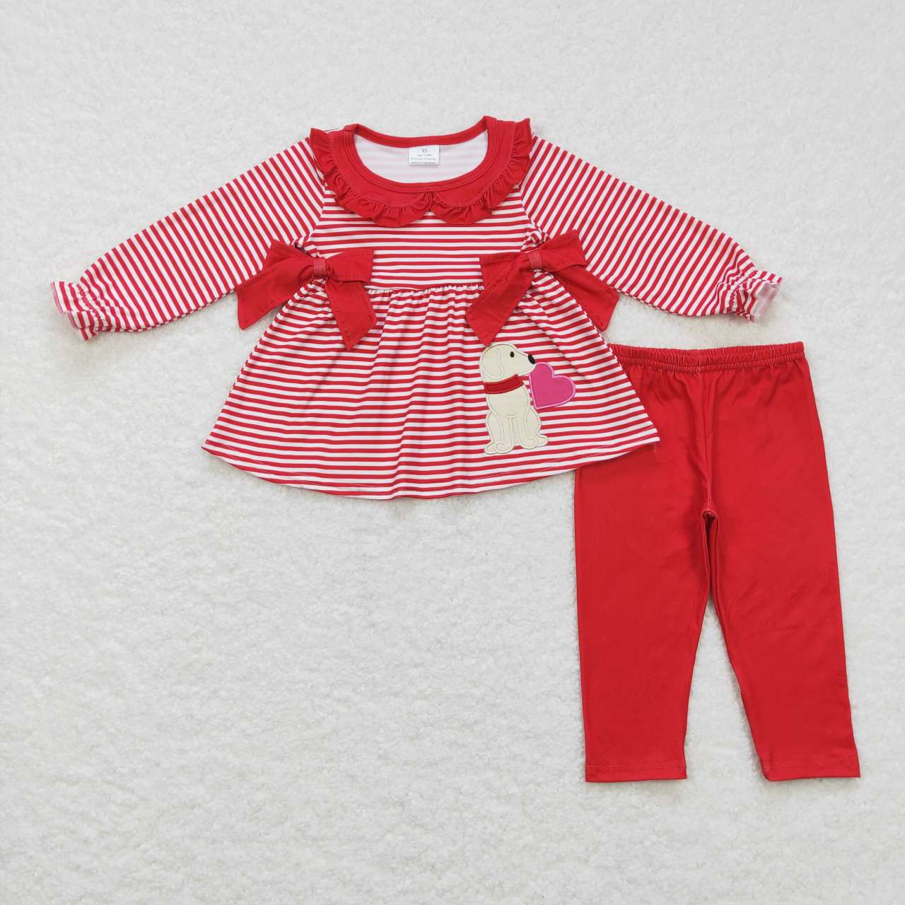 GLP0891 Red Stripes Dog Heart Print Embroidery Tunic Top Legging Pants Girls Valentine's Day Clothes Set