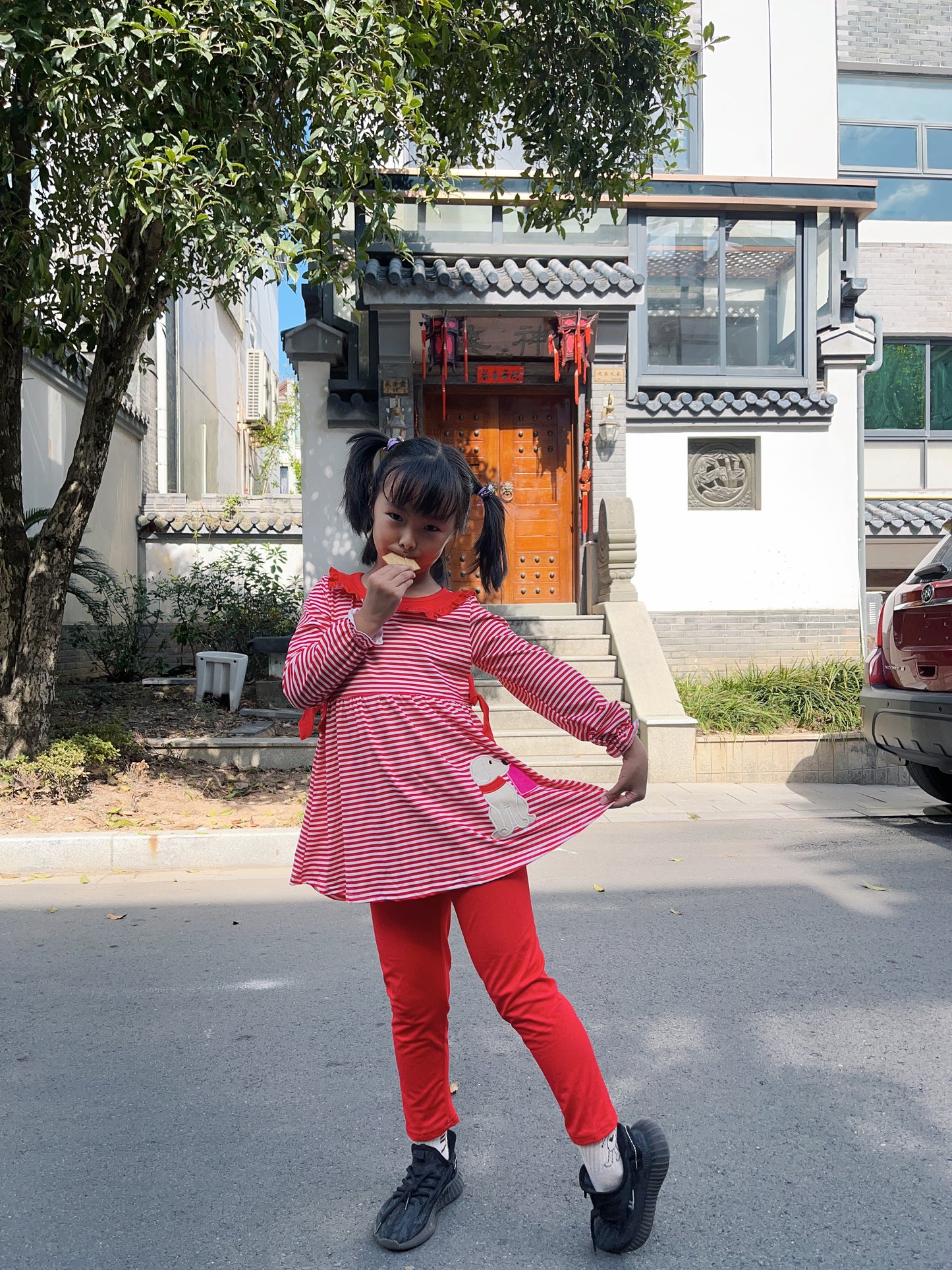 GLP0891 Red Stripes Dog Heart Print Embroidery Tunic Top Legging Pants Girls Valentine's Day Clothes Set