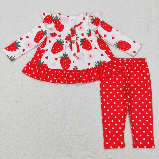 GLP0892 Red Strawberry Print Pockets Tunic Top Girls Clothes Set