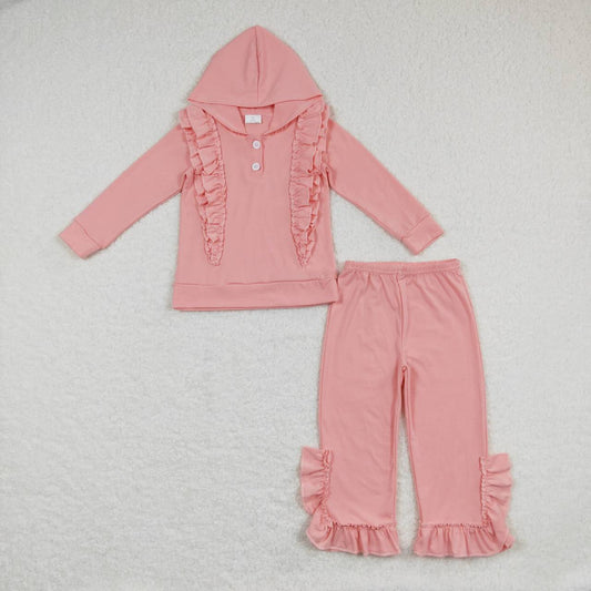 GLP0894 Pink Cotton Ruffles Girls Hoodie Clothes Set